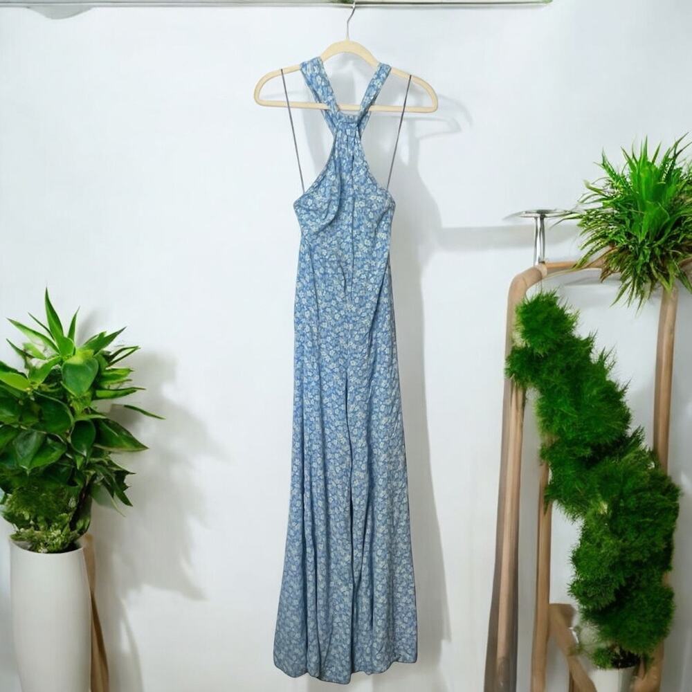 XS Free People Arlo Jumpsuit Blue Ice Combo Floral Halter Wide Leg Boho